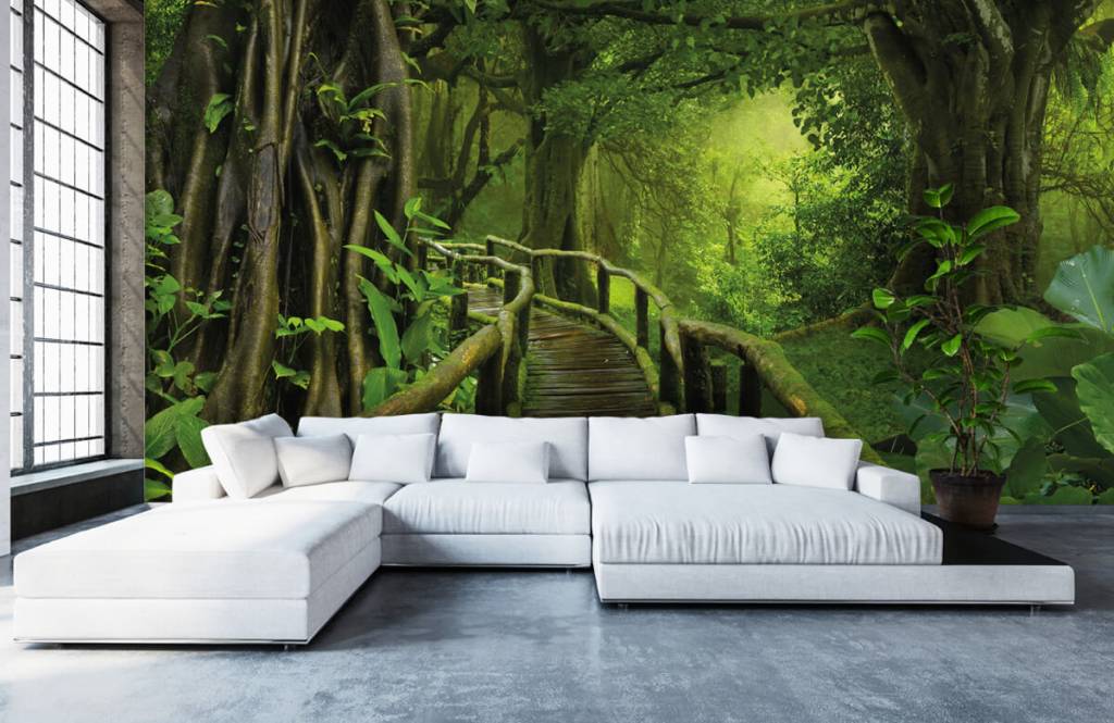Arbres - Pont en bois à travers une jungle verte - Chambre à coucher 1