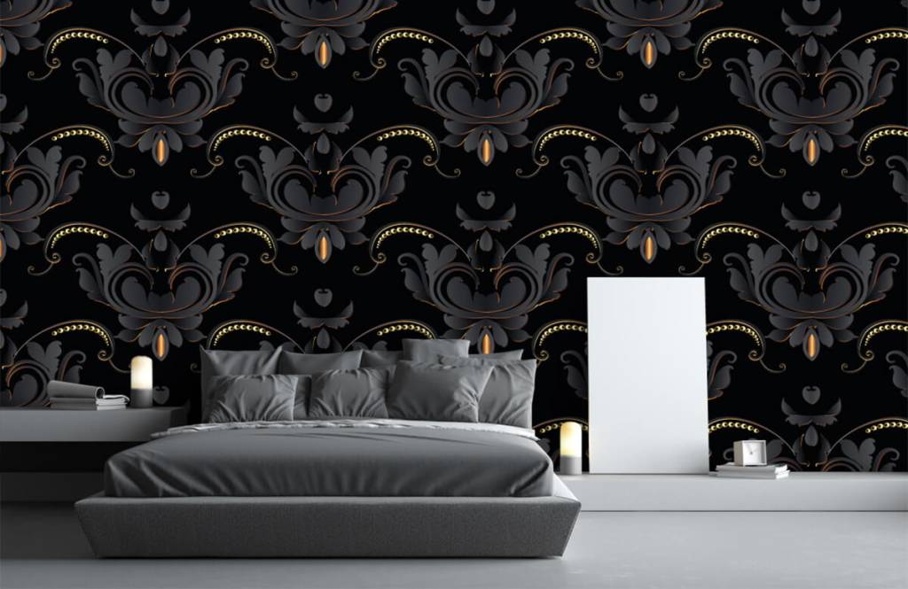Papier peint baroque - Motif baroque en or noir - Chambre à coucher 1