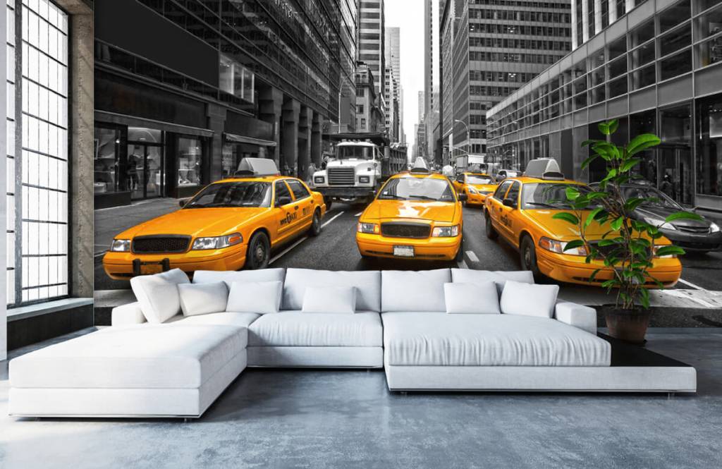 Papier peint noir et blanc - Taxis jaunes à New York - Chambre d'adolescent 1