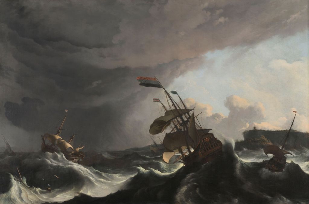 Navires de guerre pendant une tempête