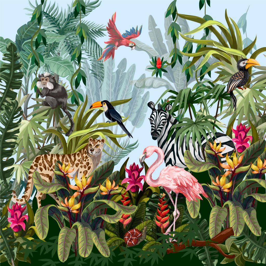 Jungle colorée avec des animaux