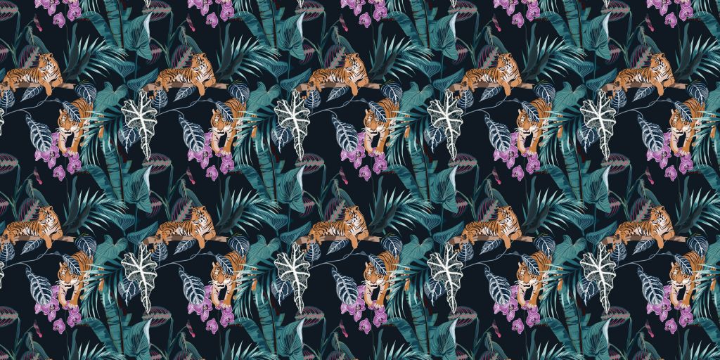 Tigres, feuilles et fleurs