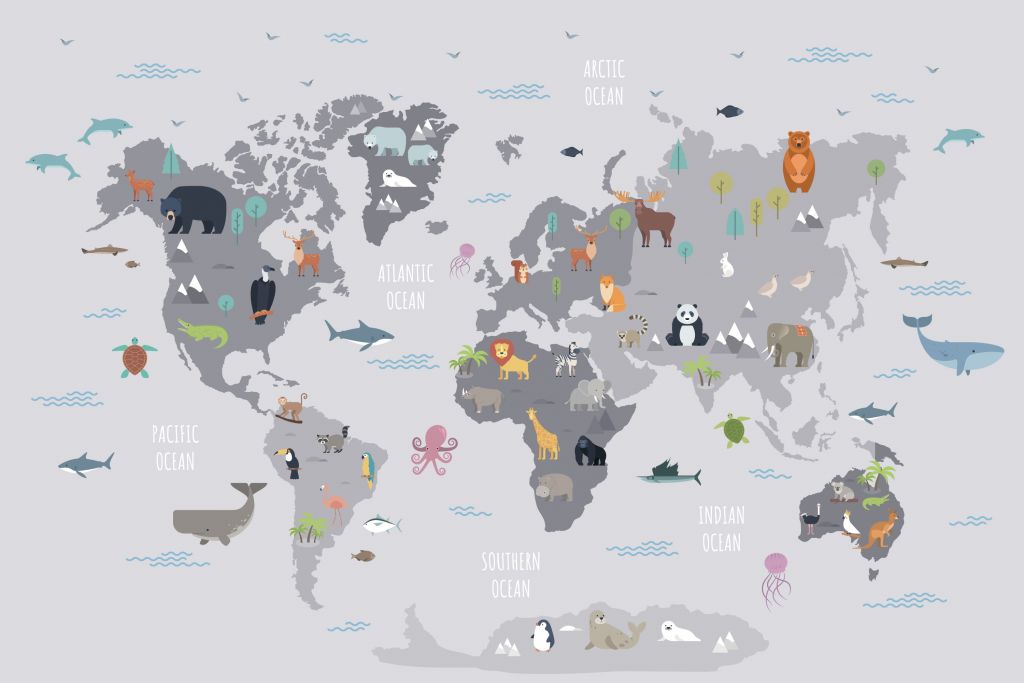 Carte du monde avec des animaux sauvages