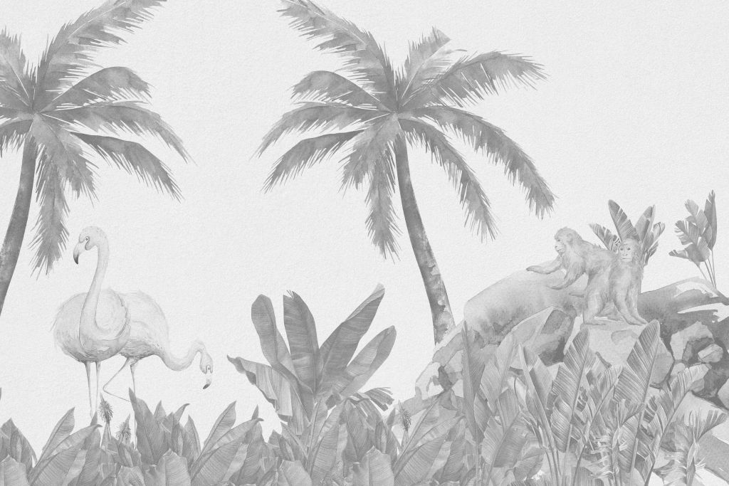 Flamants roses et singes dans les tons gris