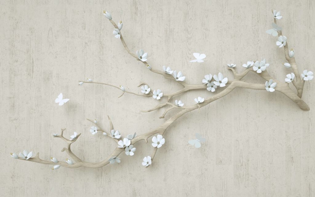 Branche avec fleurs blanches sur un fond en bois