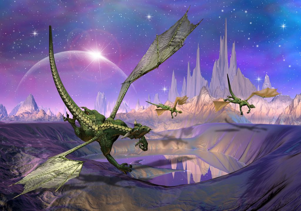 Des dragons dans un paysage fantastique