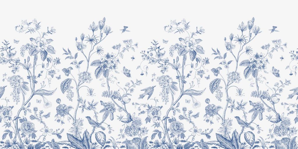 Illustration florale, bleu et blanc