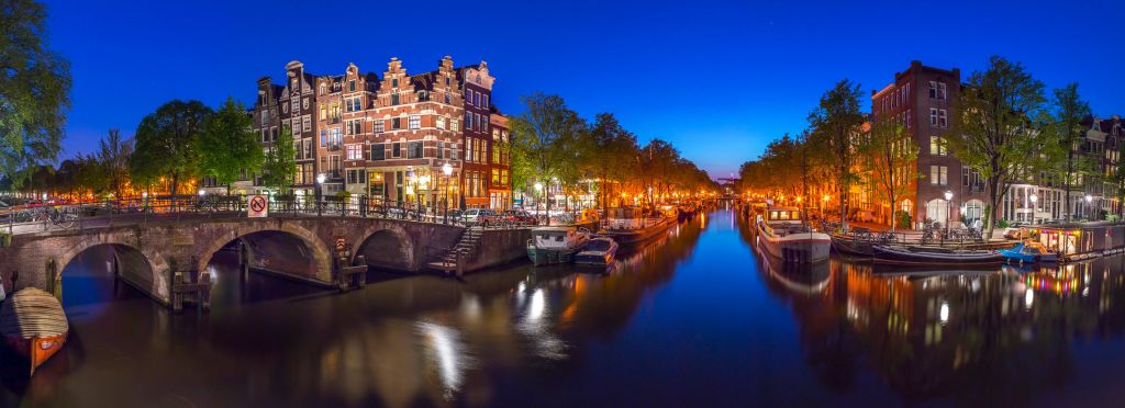 Evening view of Amsterdam city and canals