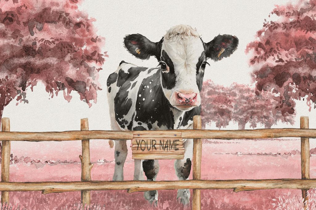 Jeune vache dans un pré rose
