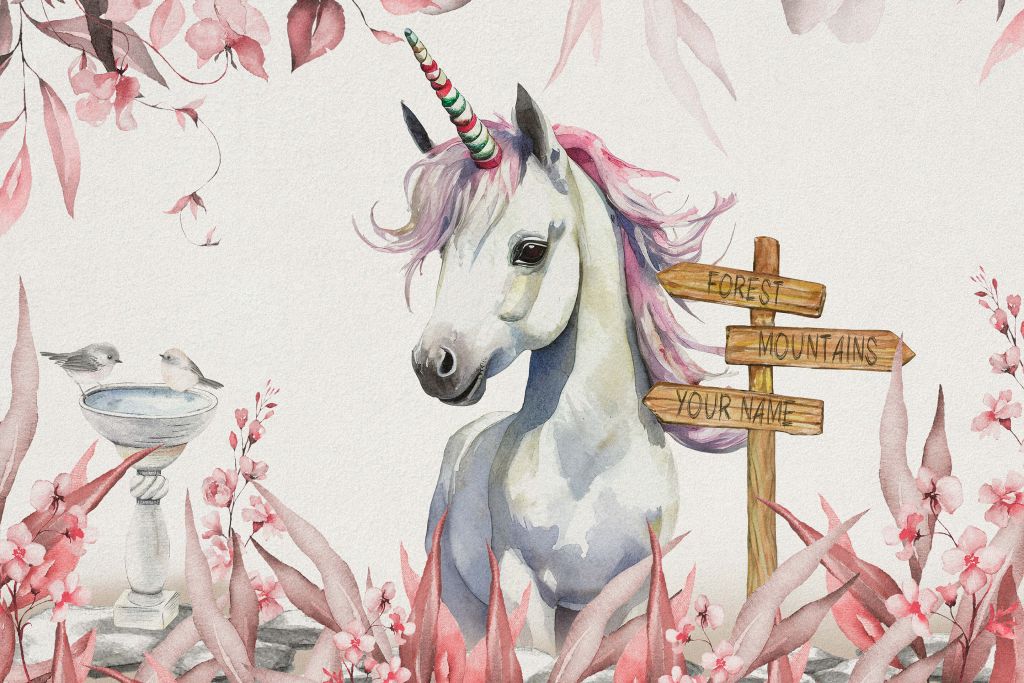 Bébé licorne avec des plantes roses