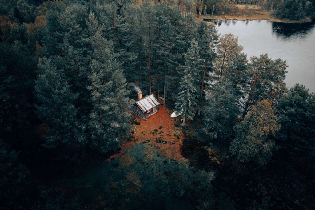 Cabane entourée de forêts et de lacs