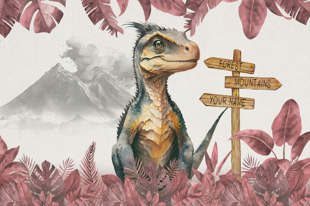 Bébé vélociraptor dans la jungle rose