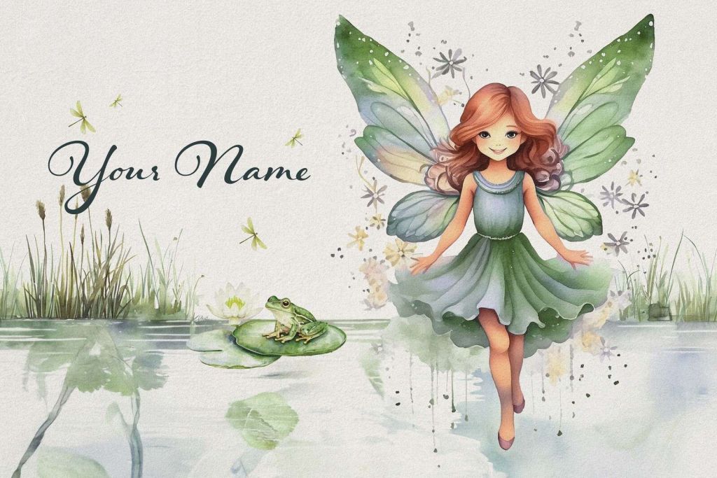 Lutin de l'étang avec grenouille et libellules