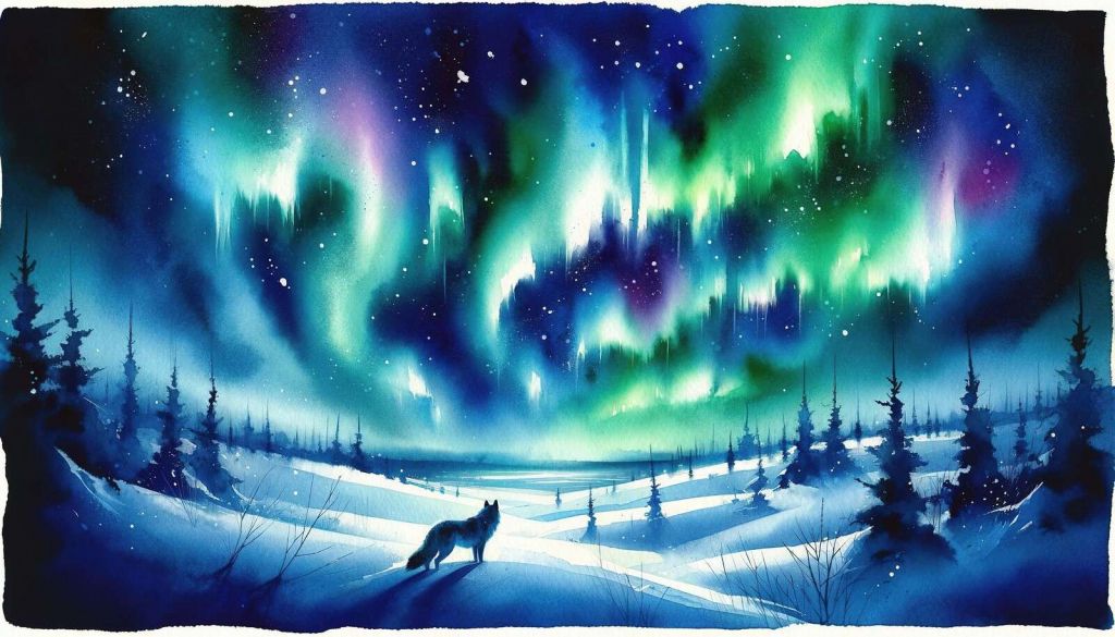 Renard arctique et aurores boréales