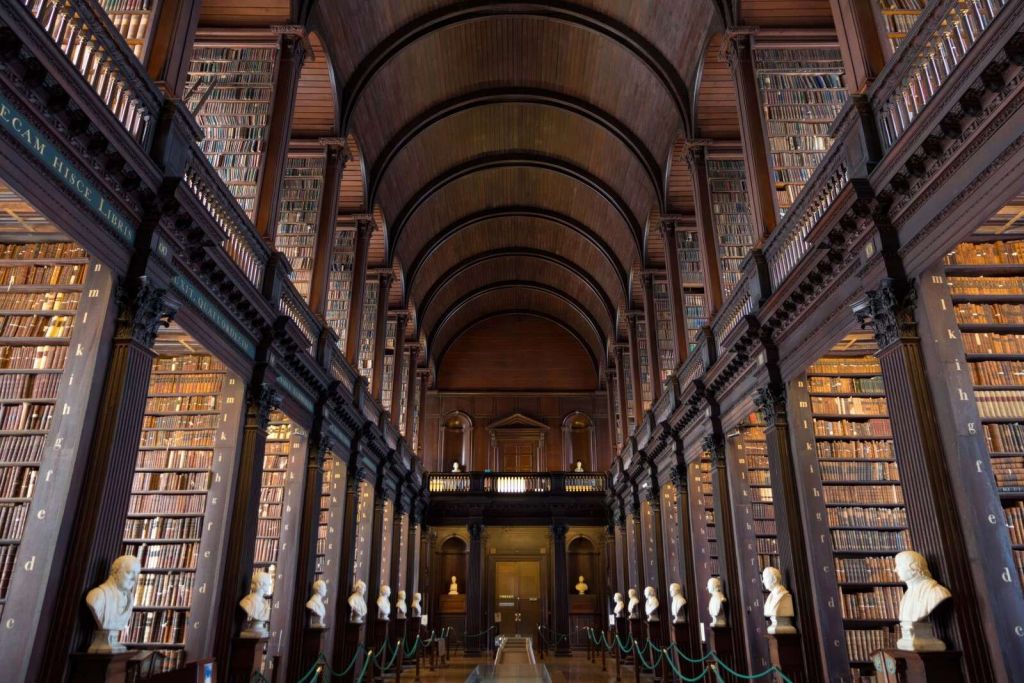 Salle de livres classiques avec des arcs