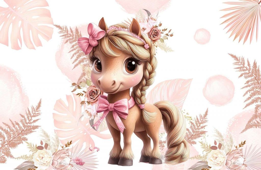 Poney élégant avec un nœud rose