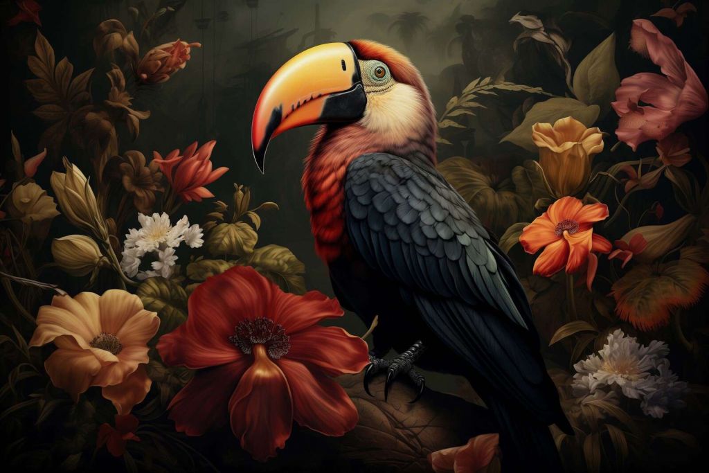 Toekan entre les fleurs