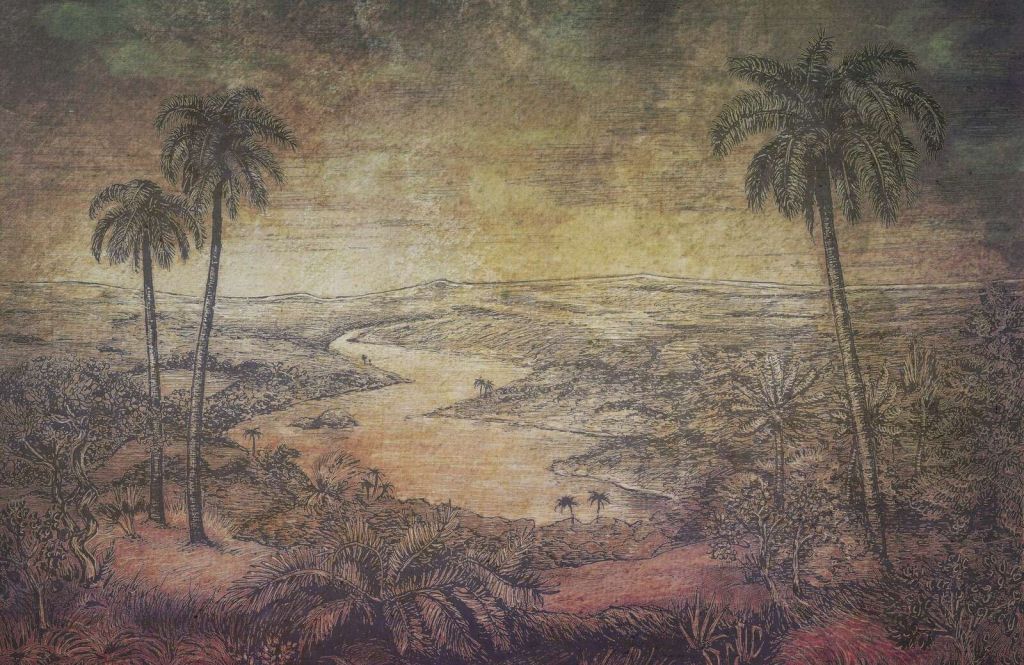 Paysage fluvial tropical au coucher du soleil