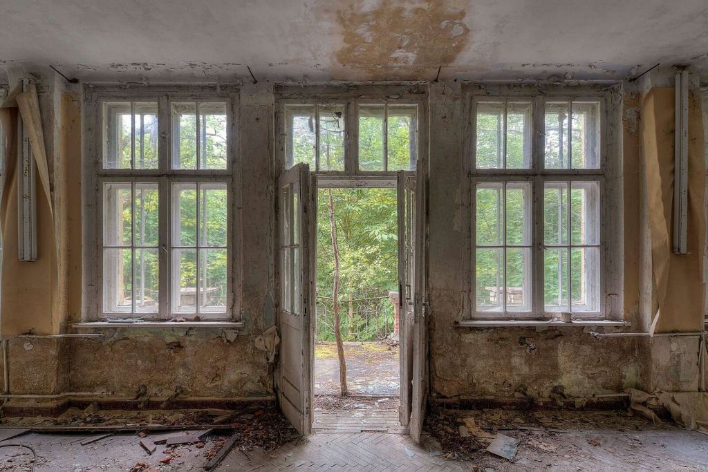 Chambre vieillie avec vue sur la forêt