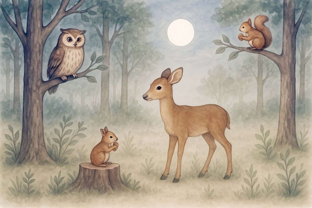 Lumière de la lune dans la forêt avec des animaux