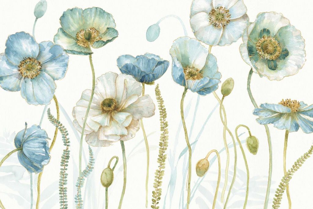 Pavots aquarelle dans un champ bleu-vert