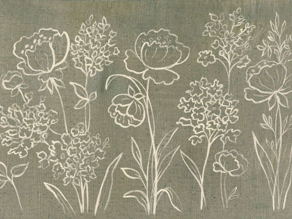 Fleurs des champs dessinées sur vert mousse