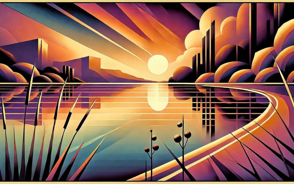 Lumière du soir sur un lac graphique