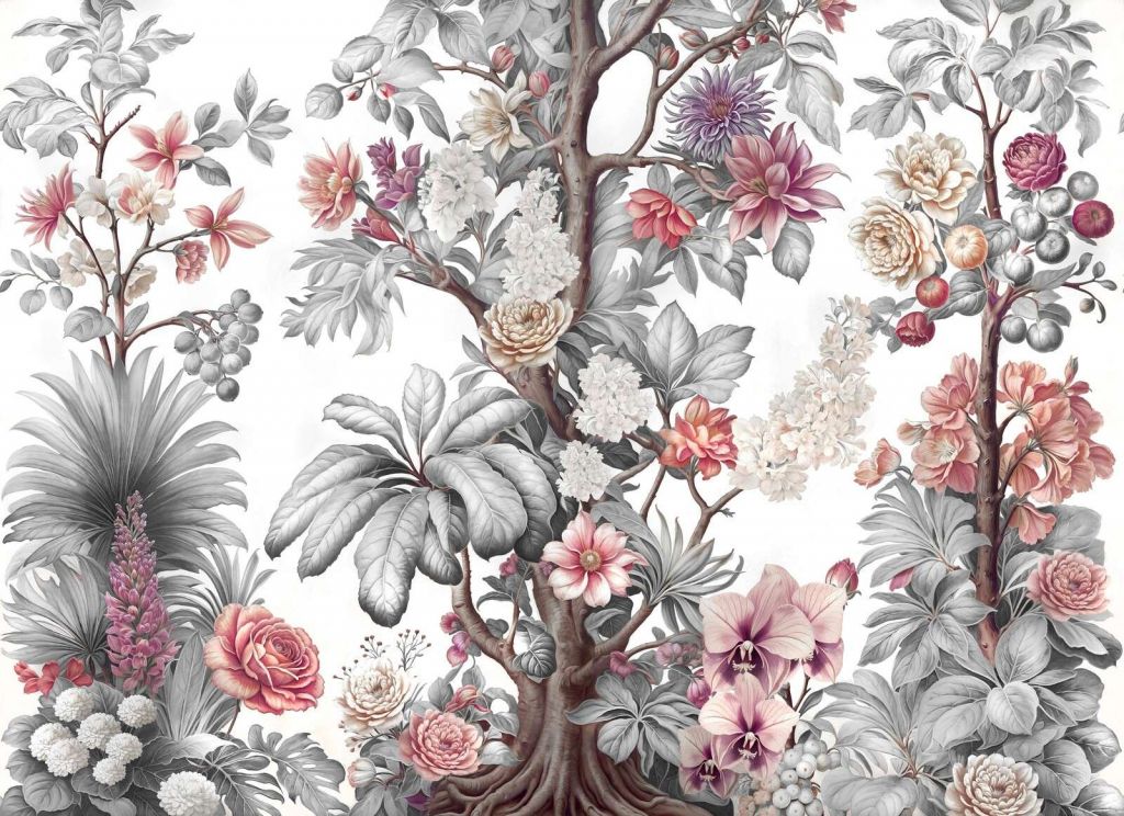 Arbre de fleurs botaniques en nuances de gris