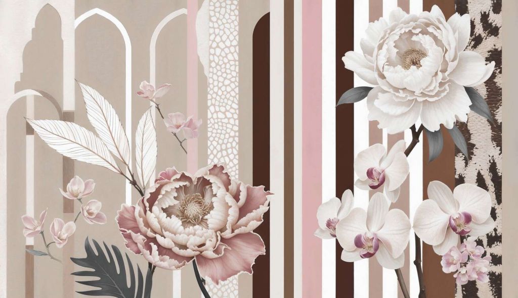 Pivoines et orchidées avec des rubans