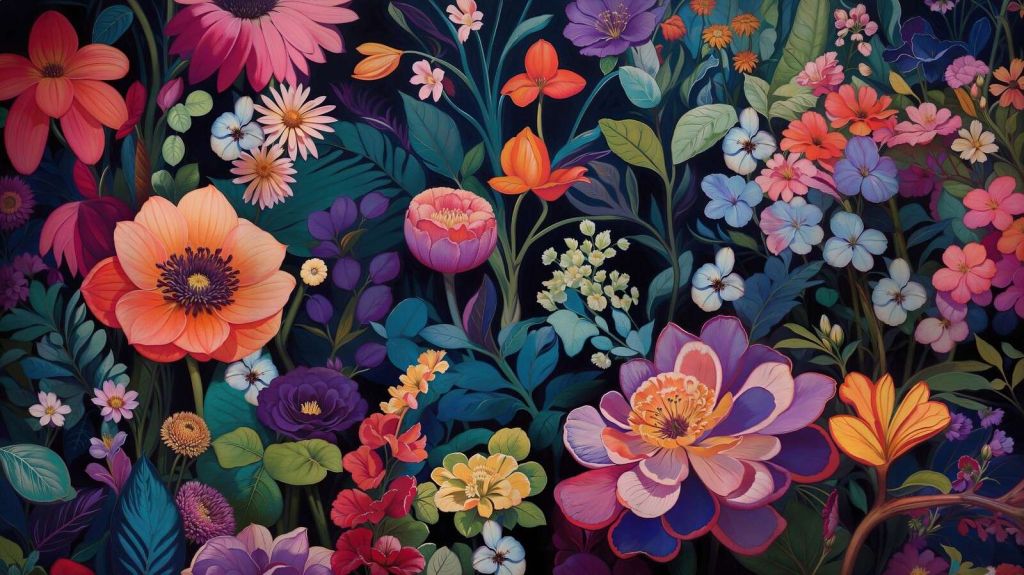 Belle profusion de fleurs colorées la nuit.