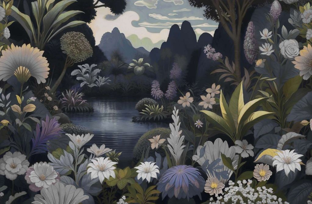 Paysage de montagne mystique avec un lac fleuri.