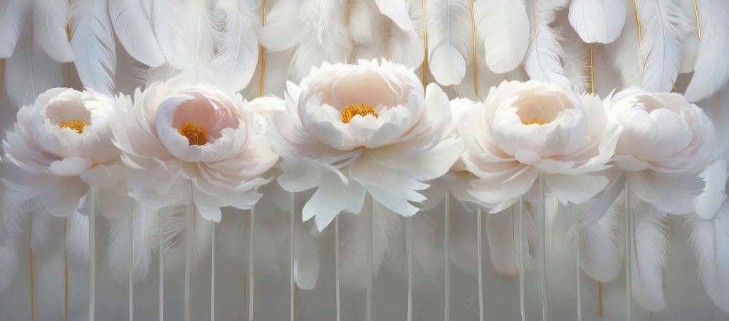 Pivoines blanches avec des plumes douces