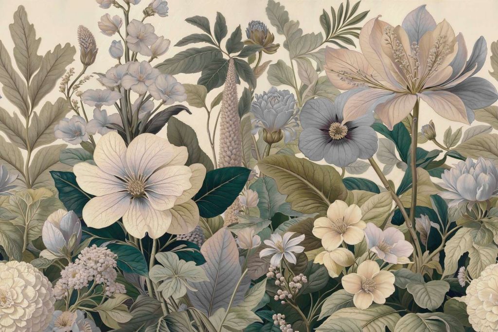 Fleurs botaniques dans des tons bleu doux