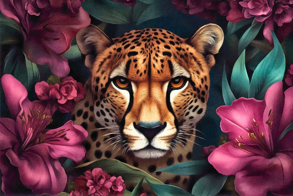 Grâce du guépard sauvage et des fleurs exotiques
