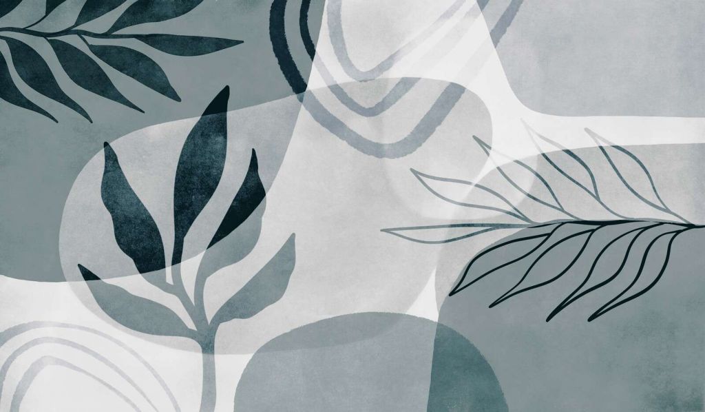 Art abstrait botanique du milieu du siècle bleu-vert.