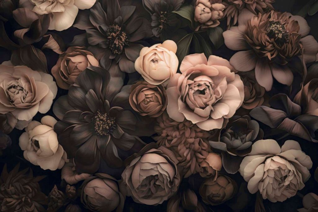 Fleurs baroques opulentes, art botanique sombre, blush et brun