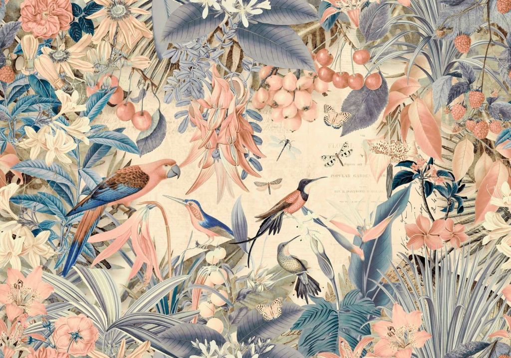 Perroquets tropicaux, jardin jungle pastel