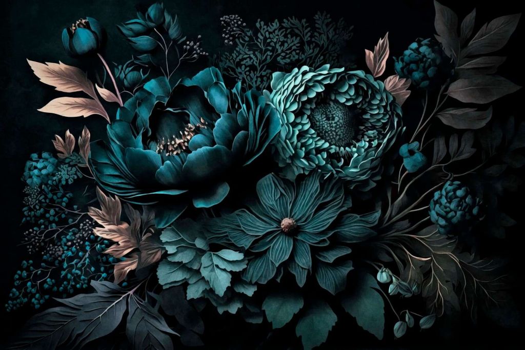 Ambiance Renaissance, fleurs mélancoliques turquoise