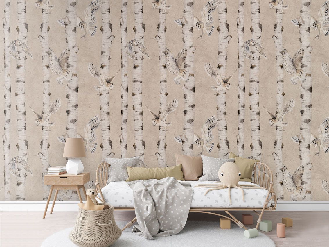 Birch and Owls - Beige - 120