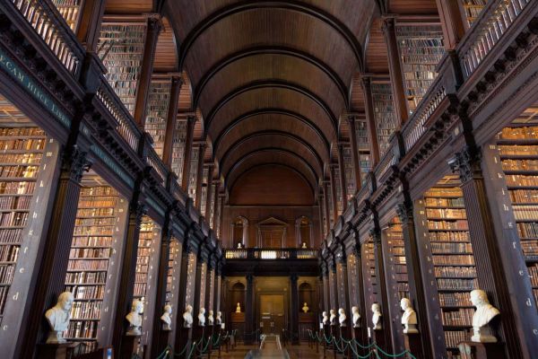 Salle de livres classiques avec des arcs