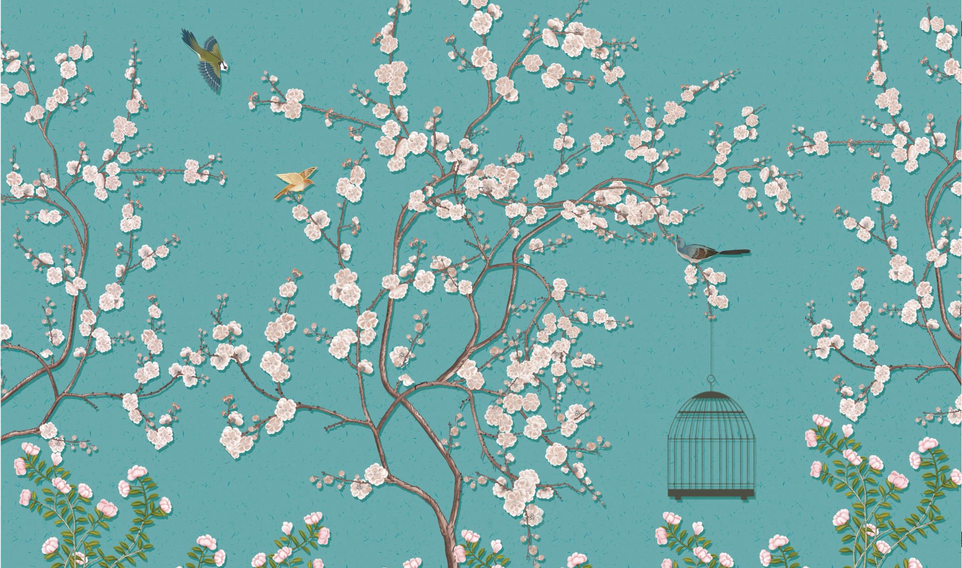 Getekende bloesemboom met vogels - Outlet - 430 x 250 cm main product photo