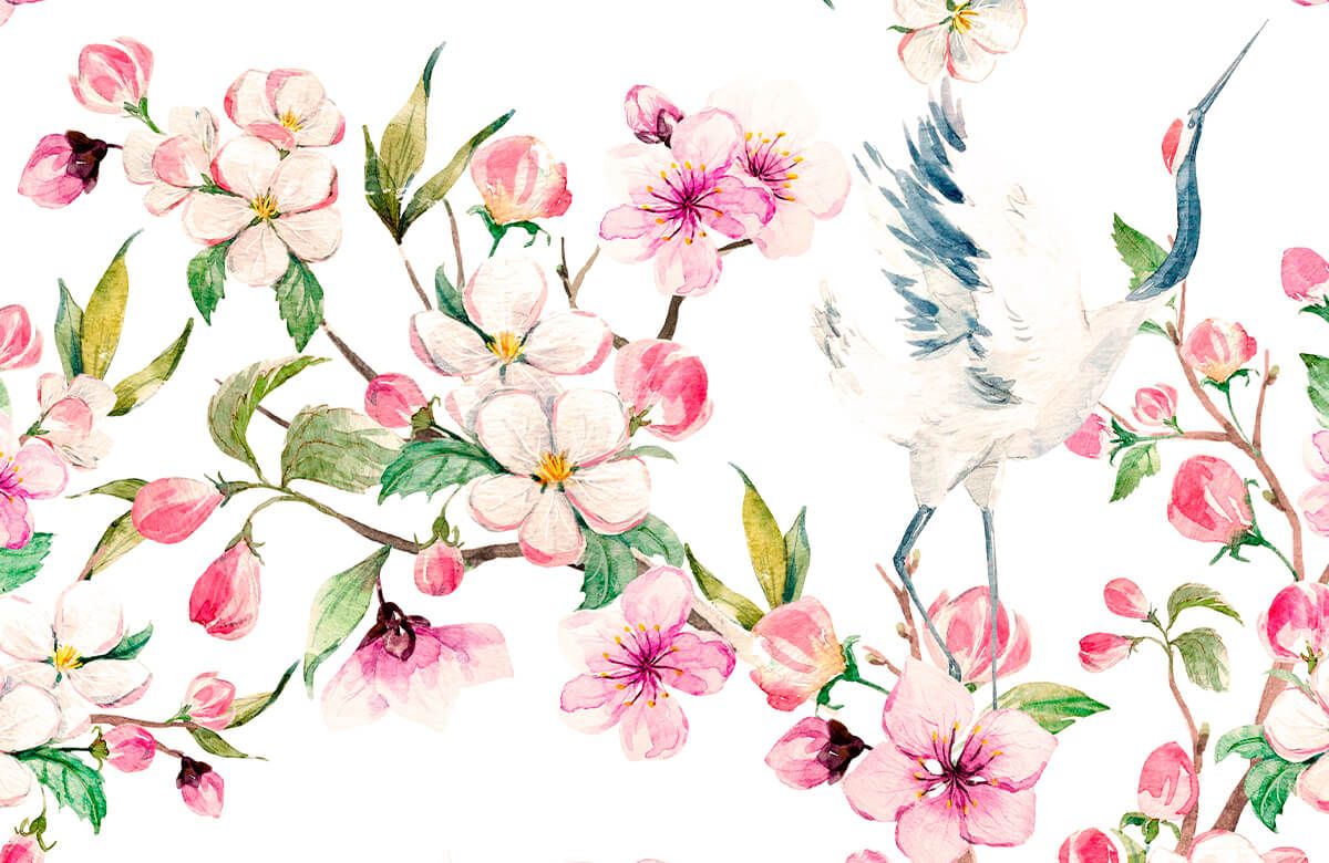Peinture de grues avec fleurs