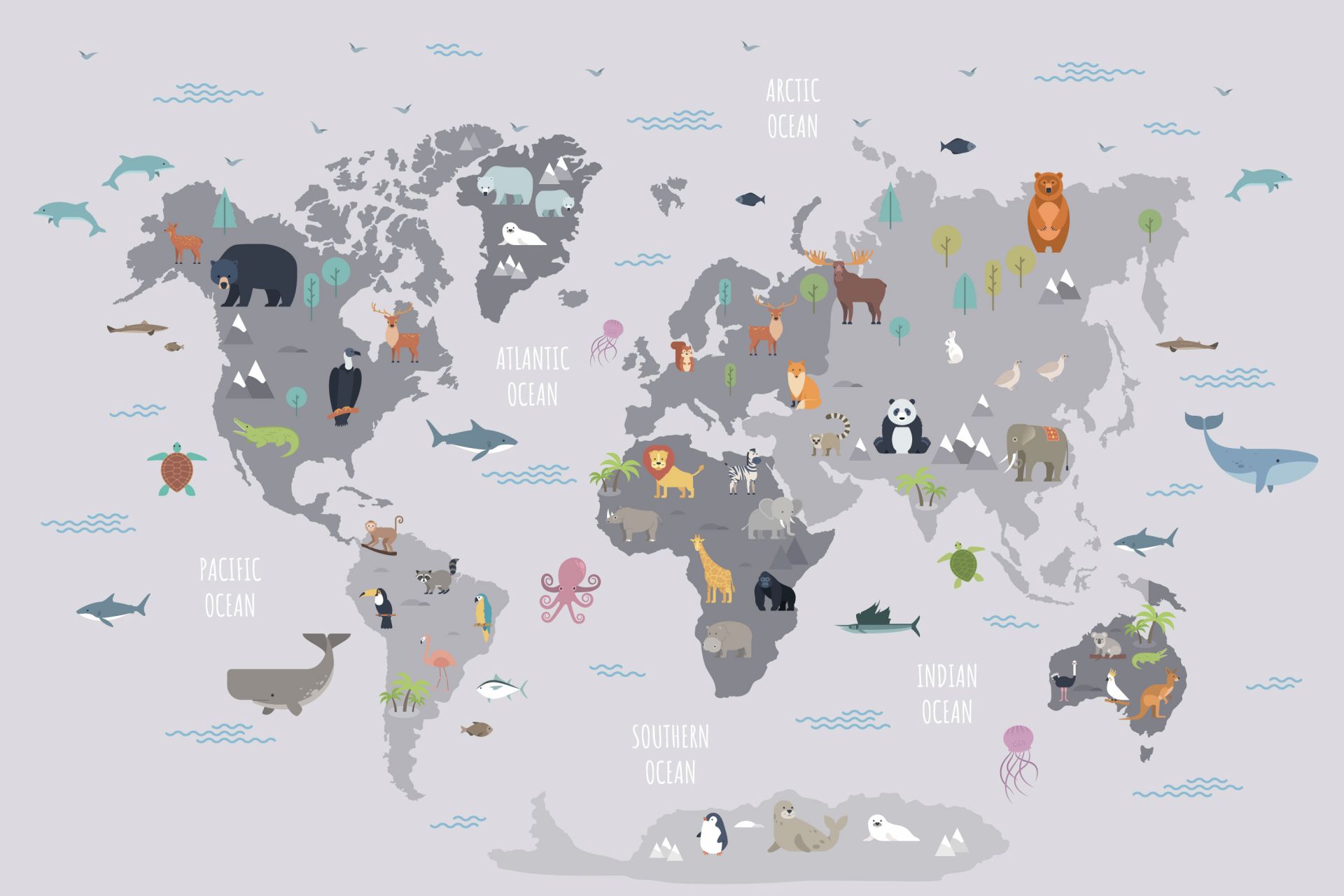 Carte du monde avec des animaux sauvages