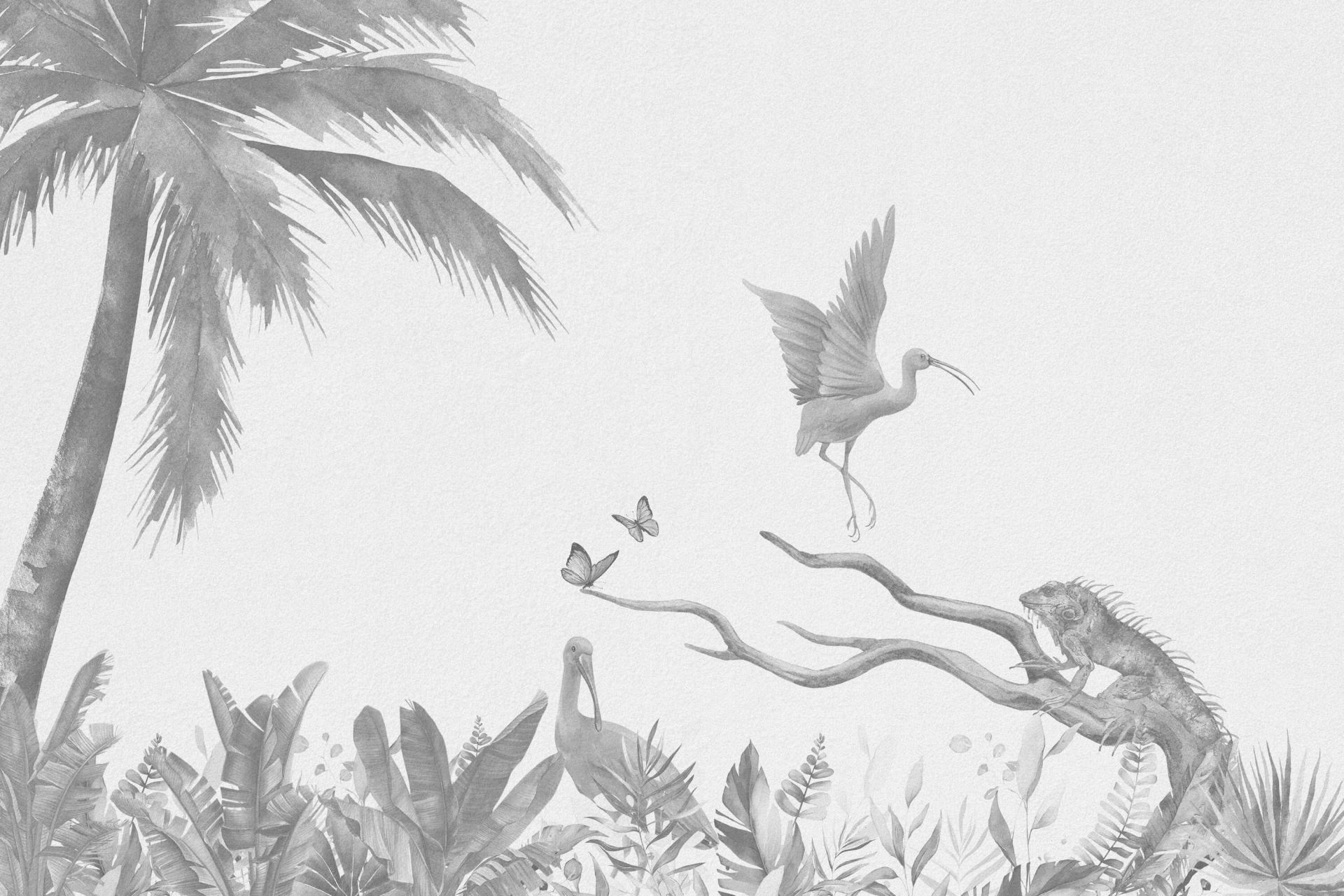 Branche avec des animaux de la jungle dans des tons de gris main product photo