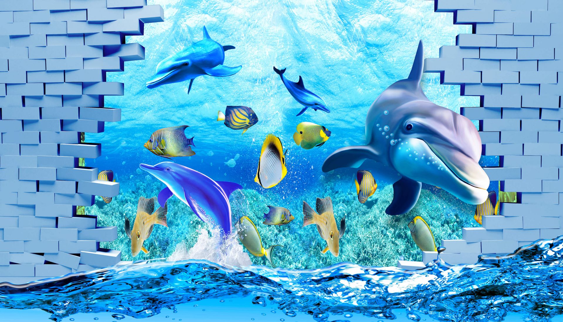 Des dauphins derrière un mur main product photo