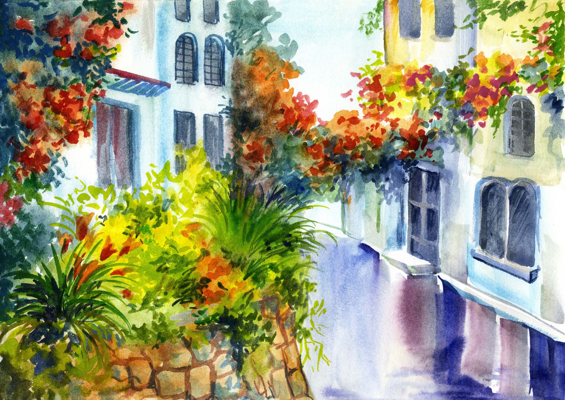 Fleurs et bâtiments en aquarelle - papier peint