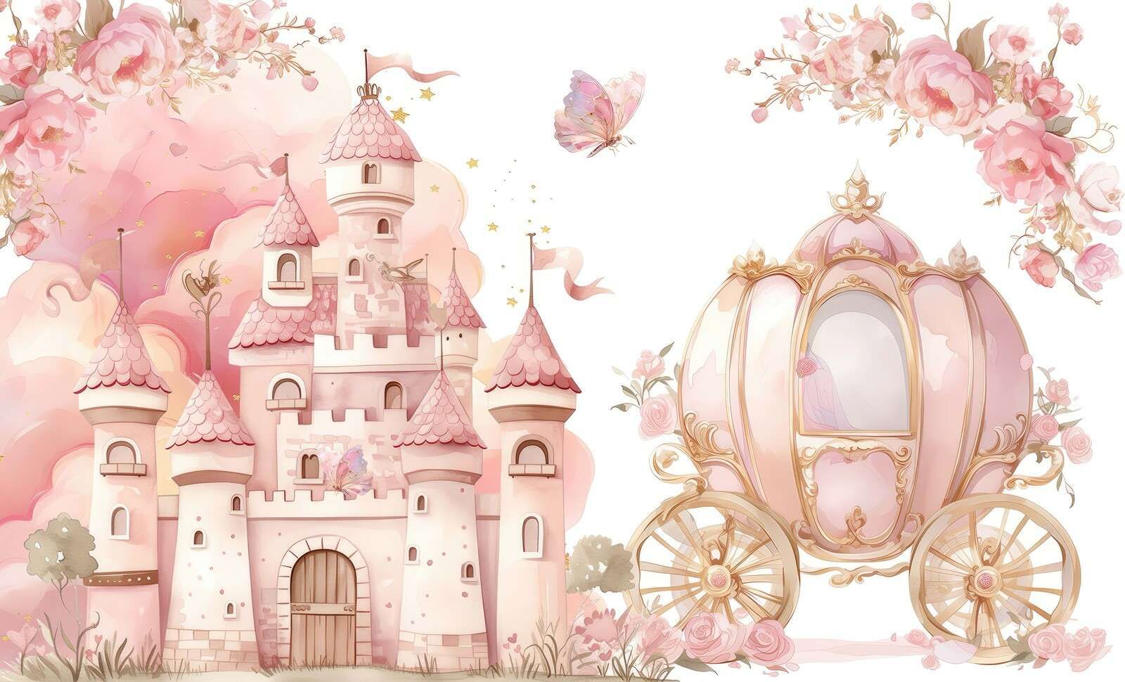 Château de contes de fées et carrosse de roses