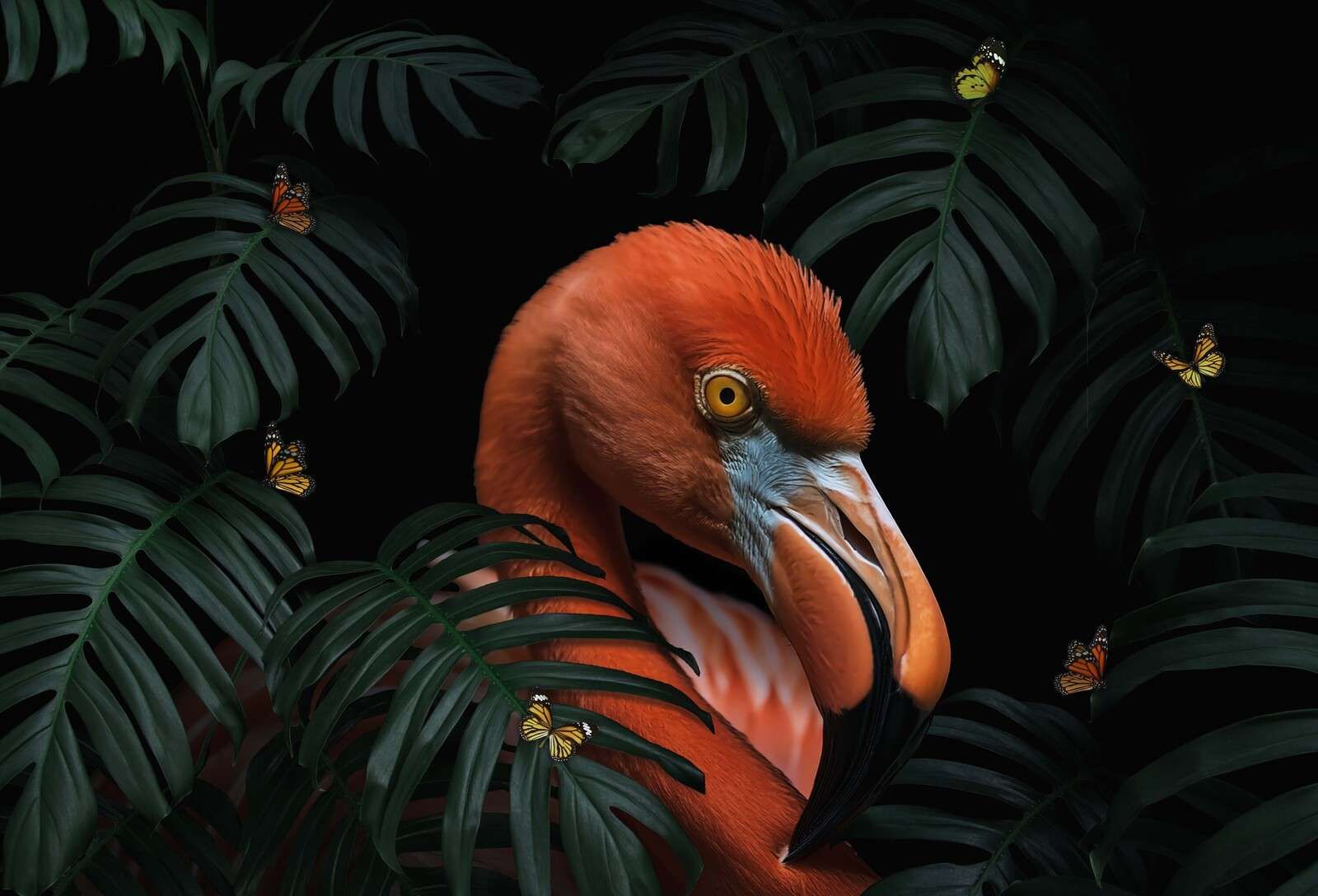 Flamant entre le vert tropical