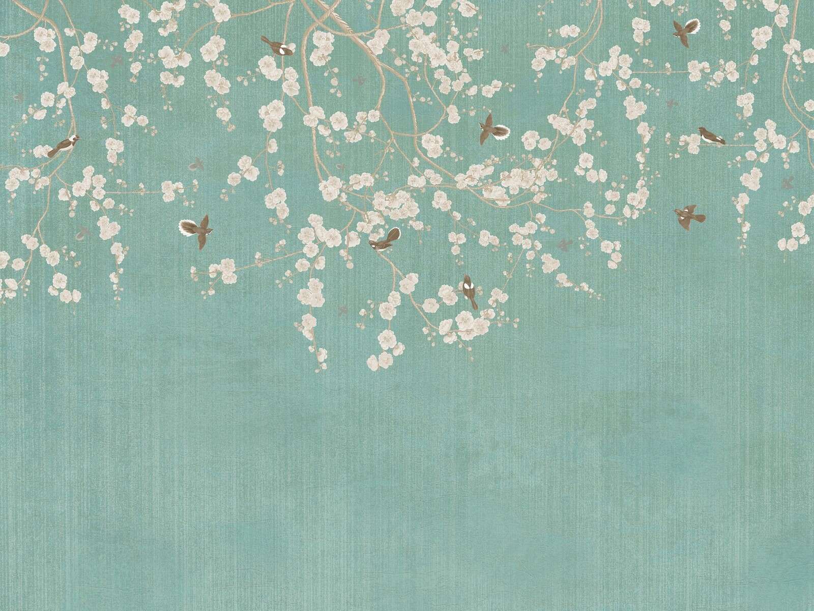Brindilles en fleurs et moineaux volants