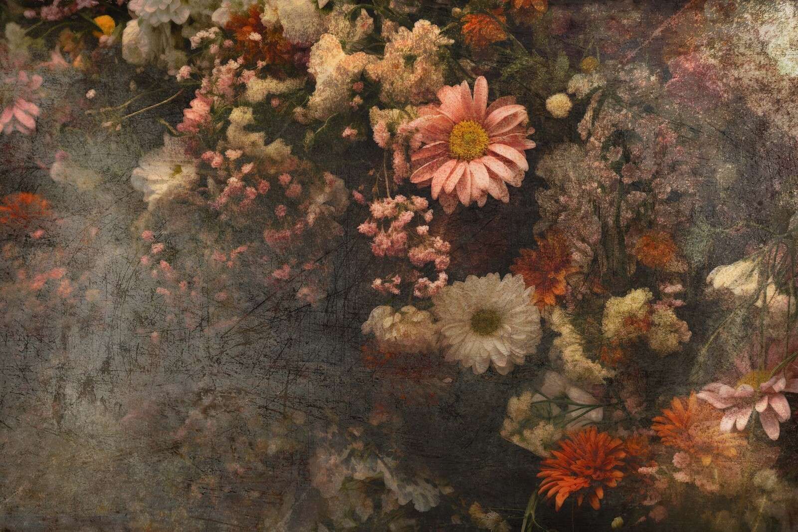 Champ de fleurs en huile vieillie